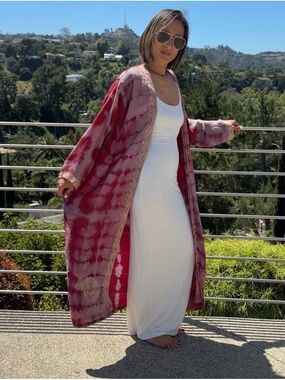 Sun Child silk red white pink kimono duster cape festival outfit one size
